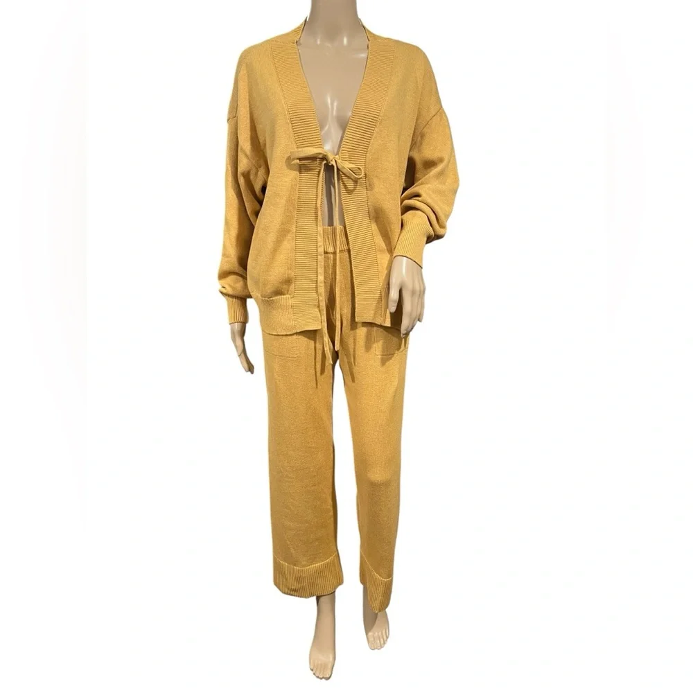 NWOT Free People Beach Womens Solar 2 Piece Cardigan & Pants Set XS Gold Heather - Picture 2 of 13